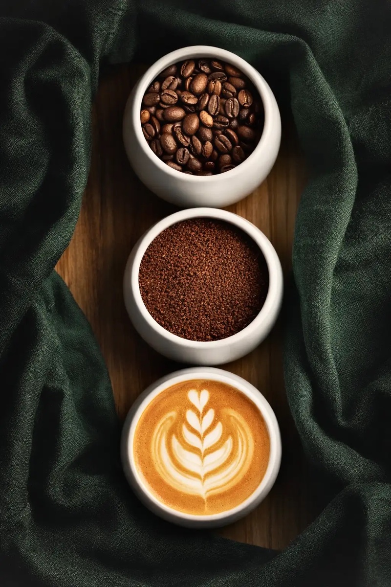 Coffee beans, fresh grounds, and a latte with heart-shaped latte art